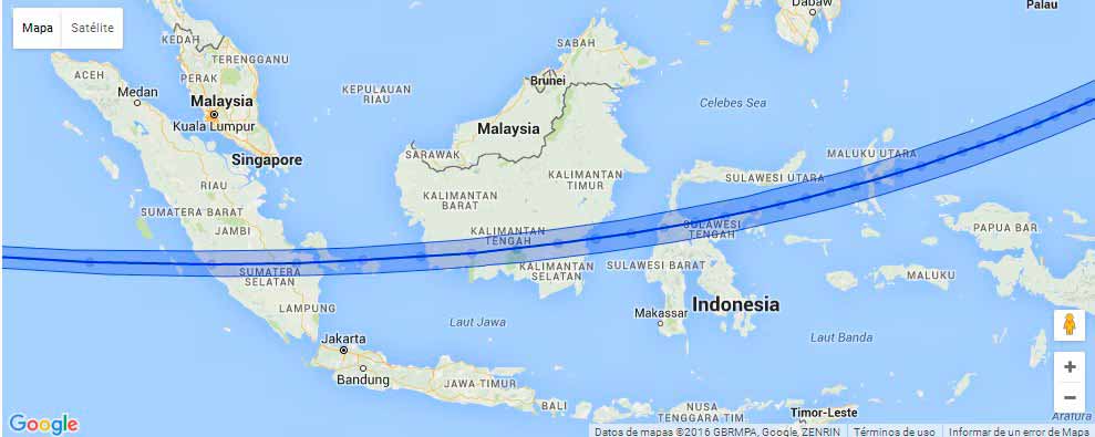 Trayectoria eclipse total de sol Indonesia 2016